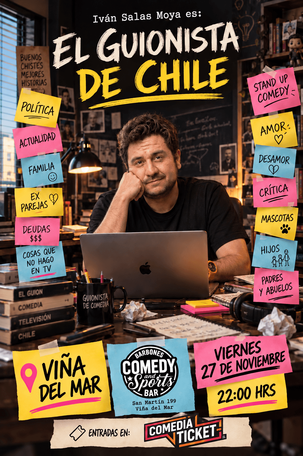 Flyer de Salas Moya el Guionista de Chile en Viña del mar