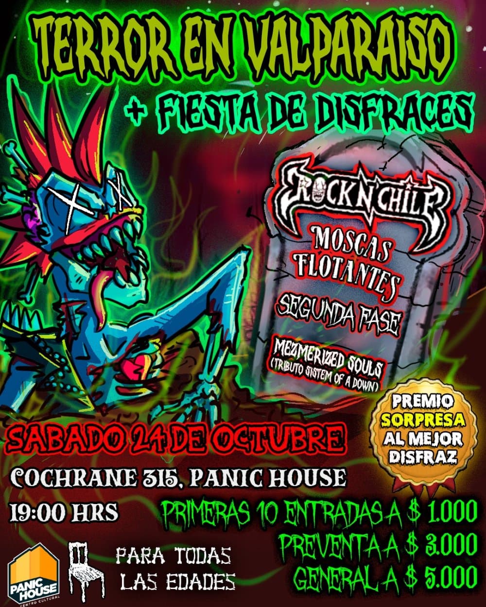 Flyer de TERROR EN VALPARAÍSO: ROCK N' CHILE + MOSCAS FLOTANTES + SEGUNDA FASE + MEZMERIZED SOULS EN PANIC HOUSE, VALPARAÍSO