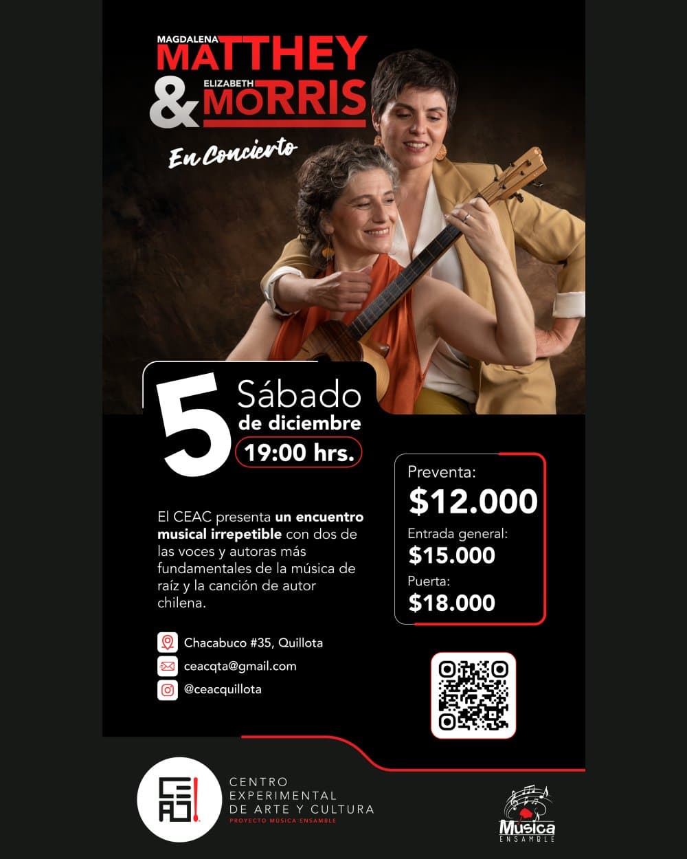 Flyer de MAGDALENA MATTHEY + ELIZABETH MORRIS EN CEAC, QUILLOTA