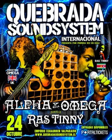 Flyer de Quebrada Soundsystem: Alpha & Omega junto a Ras Tinny